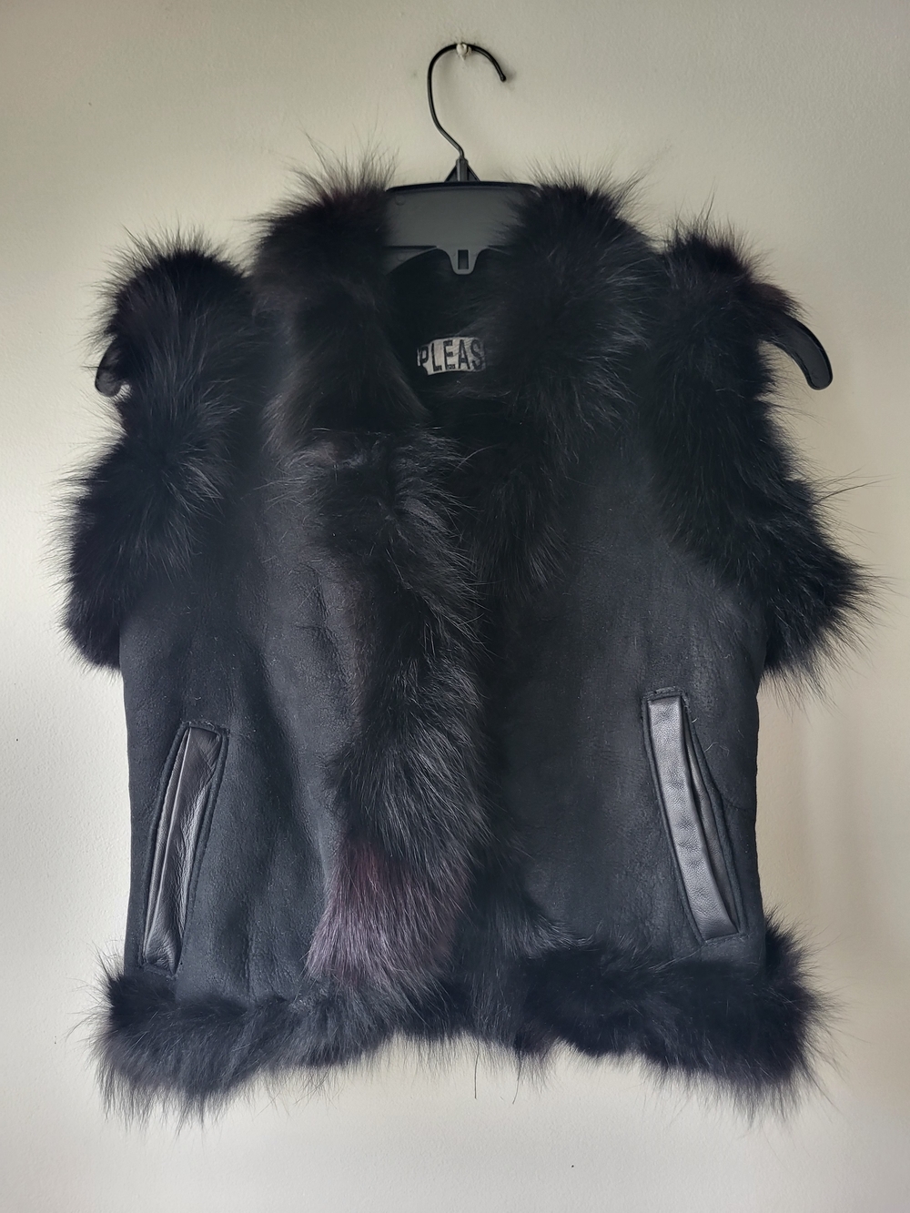Please Black Fox Fur-Trim Sleeveless Shearling Interior Biker Goth Chic Vest